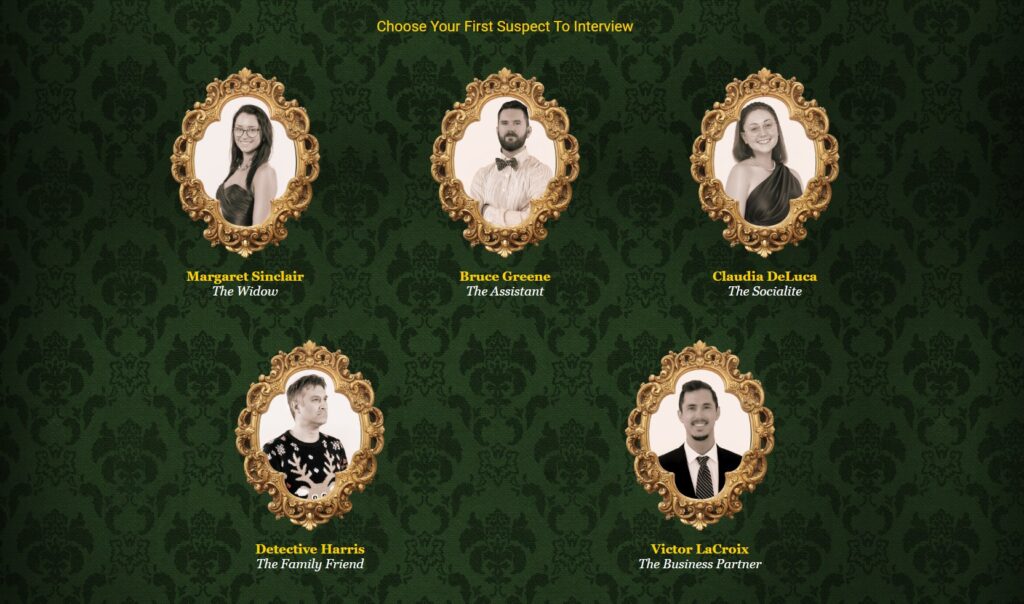 A screenshot of the Murder Mystery site, showing five suspects. From left to right: Margaret Sinclaire, Bruce Greene, Claudia DeLuca, Detective Harris and Victor LaCroix